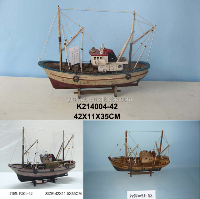 Wooden Fishing Boat Model 3 Sets Antique Old 42x13x38cm Fishing Shrimp Crab Ship Model