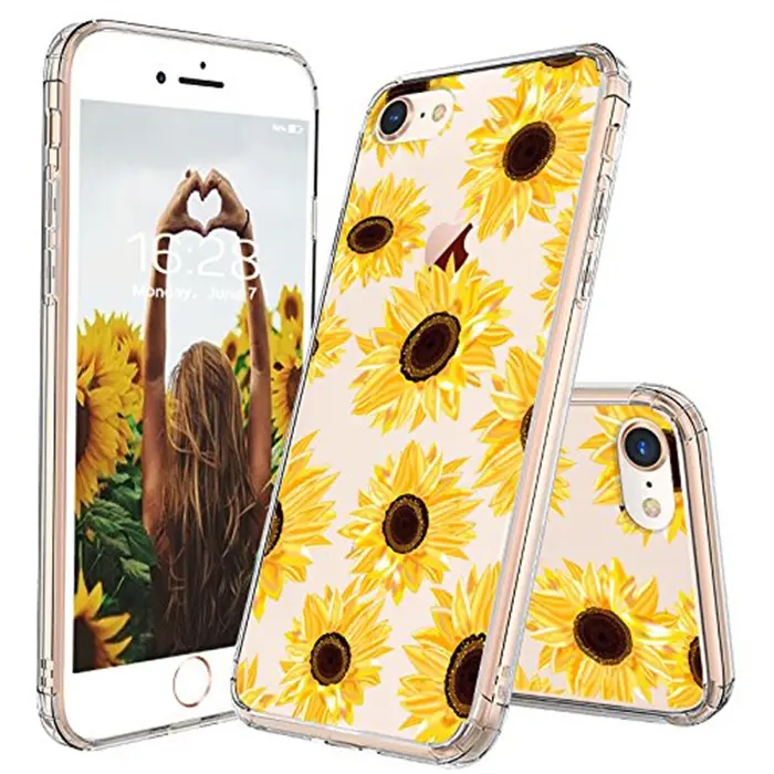 Floral Flower Sunflower Clear Design Plastic Back Case with TPU Bumper Protective Case Cover for iPhone