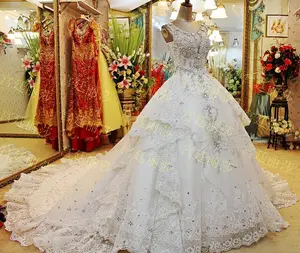 Vestido de novia de cuello redondo, gran tren pesado, ostentoso, ostentoso, fábrica de Suzhou, ropa de boda, iglesia, venta al por mayor, XJ13, 2022