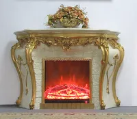 European Style Golden Wooden Carving Fake Flame Electric Fireplace for Home and Hotel