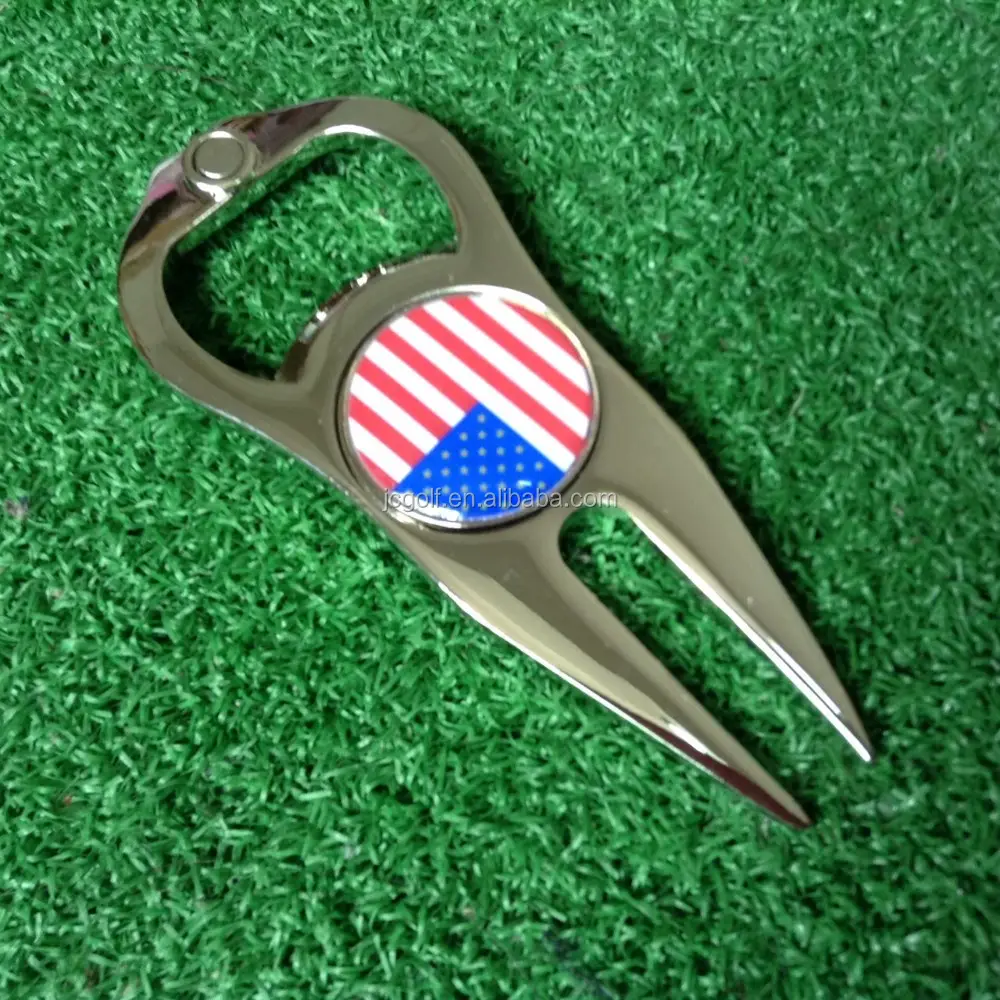 Wholesales bottle opener golf divot tool with USA flag ball marker