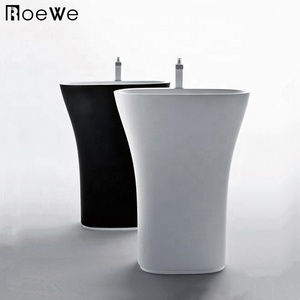 Gris salle de bain lavabo autoportant à surface solide lavabo sur colonne, fonte ovale <span class=keywords><strong>pierre</strong></span> composite lavabo à fixation au sol - Product Image 4