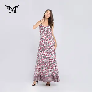 Latest design casual fashion ruffles ladies summer digital sublimation print flower custom long dresses online