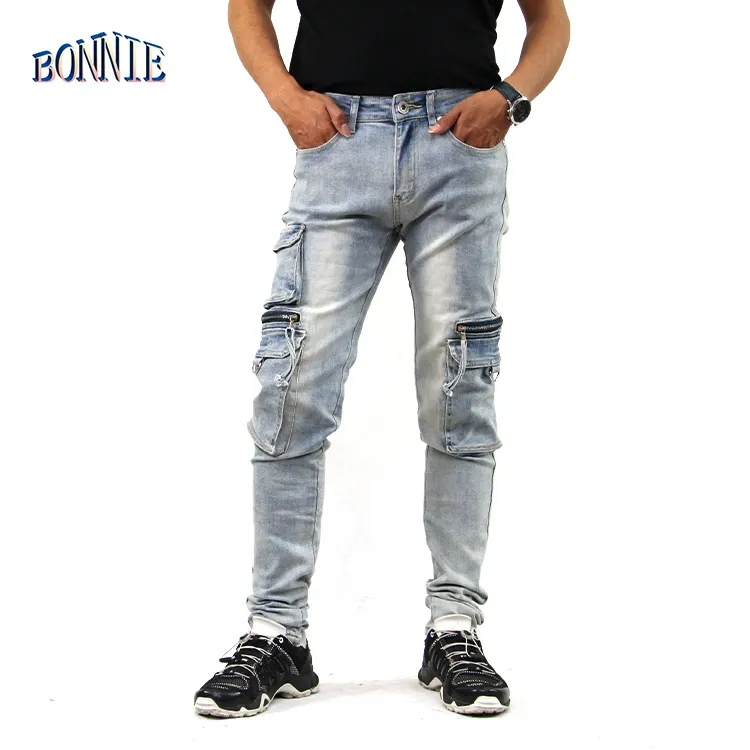 Nieuwe Punk Stijl Broek Stedelijke Denim Cargo Broek Zijzakken Jeans Voor Mannen
