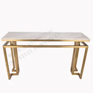 Modern Golden SS Console Tables With White Marble Top Stainless Steel Frame Use For Hall Way Foshan Luxury Furniture Wholesaler