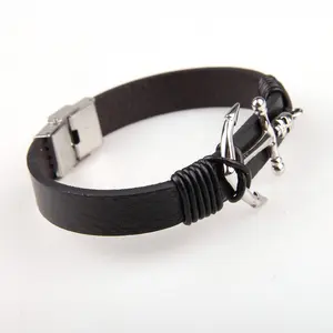Hot Selling skull anchor Men's Leather Bracelet with stainless steel buckle