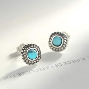 CZCITY ต่างหูสตั๊ดสีเทอร์ควอยซ์ของผู้หญิง,ต่างหูสีดำเงินไทยสไตล์วินเทจ - Product Image 6