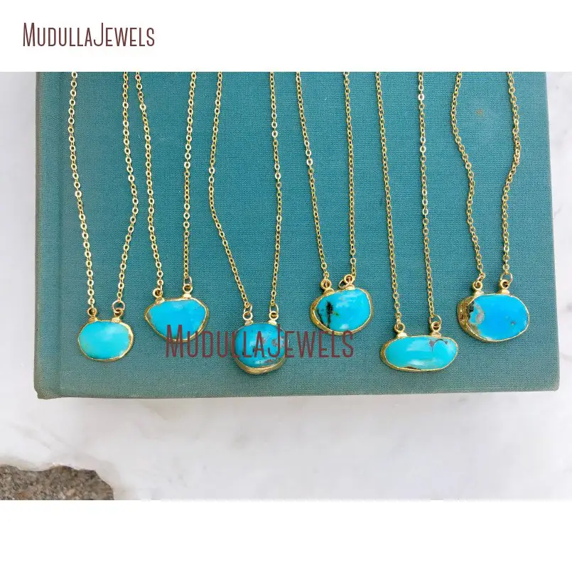 NM11597 Raw Turquoise Slice Necklace Free Shaped 24 18k Gold Plated Turquoise Pendant Necklace