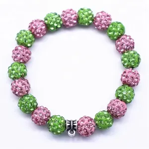 批发廉价散装粉红色绿色全水晶球串珠弹性线手镯为妇女或女孩