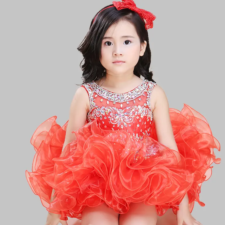 Inchado vermelho frisado organza festa bonito lantejoulas flor crianças meninas tutu vestido