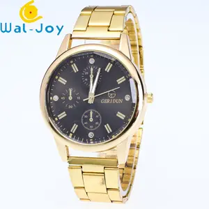 WJ-7222金色时尚三眼男石英金属商务合金手表非机械礼品男士定制标志腕表