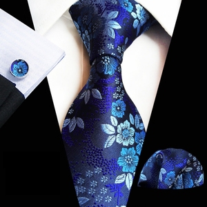 Corbata de Seda Clásica para Hombre, <span class=keywords><strong>Corbatas</strong></span> Florales Rojas y Azules, Pañuelo de Bolsillo para Fiesta de Boda, Gemelos, Conjunto de Corbata de Lujo para Hombre - Product Image 1