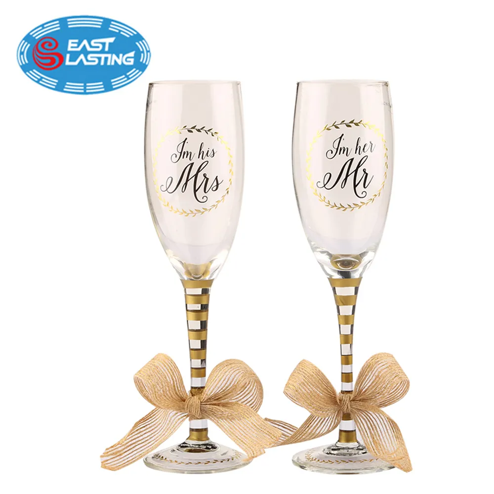 Wedding favor Mr and Mrs personalized gold champagne glass glassware set