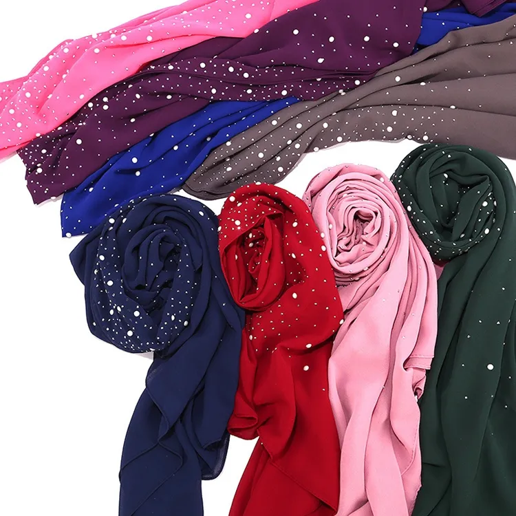 20 colori All'ingrosso 90*180cm Chiffon Musulmano Hijab Bianco Sciarpa Islamica Donna Rhinestone Della Perla Hijab Per Le Donne