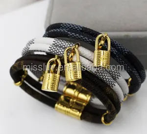 fashion lock charm two wrap faux leather bracelets magnetic closure leather bracelet custom metal charm couple bracelets