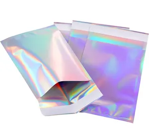 Açılıp kapanabilir alüminyum folyo holografik Hologram Mylar posta nakliye kurye düz kendinden yapışkanlı kurye saklama ambalaj poşetleri