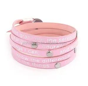 Pink Leather Serenity Prayer Wrap Bracelet, Fashion Pink Wrap Bracelet For Lady