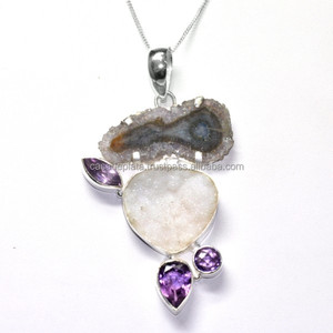Geode Slice Amethyst White Stone Pendant Gemstone 925 Silver Colored Fashion Pendant Colgante hecho a mano para mujeres niñas. - Product Image 1