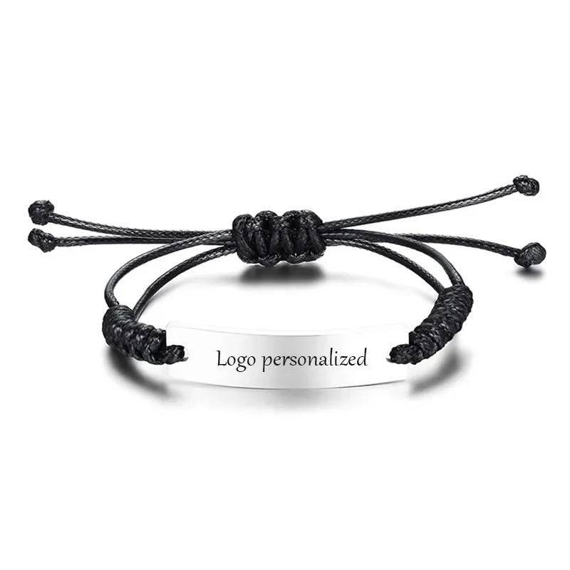 Gioielli in acciaio inossidabile braccialetti con barra incisa personalizzati Logo personalizzato bracciale in corda regolabile