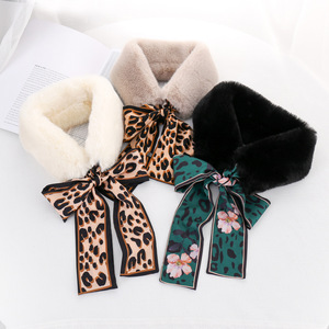 Hot Fashion Winter Women Faux Fur Collar Leopard Print Scarves Plush Wrap Korea Bow Tie Neck Warmer Formal Party Shawl