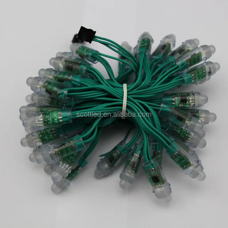 Green Wire IP68 DC12V入力12ミリメートルスルーホールWS2811 LED RGBダムノード; 50個の文字列