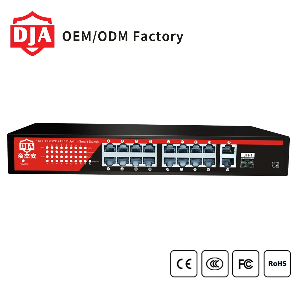 16*10/100/1000 Mbps Keamanan PoE Port 2 Gigabit Uplink Port Jaringan 1 SFP Port IP poE Switch untuk NVR IP Phone Kamera CCTV