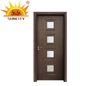 Puerta interior de madera con insertos de vidrio interno de MDF simple y moderno, diseño de modelo de puerta empotrada con puertas de entrada de vidrio batientes SGS, diseño de modelo de puerta