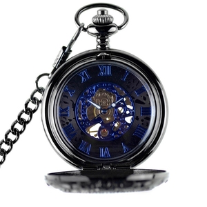 Montre <span class=keywords><strong>de</strong></span> poche mécanique steampunk pour homme, cadran bleu squelette antique avec chiffres romains, boîtier en alliage noir, remontage manuel, chaîne à breloque - Product Image 5