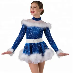 Christmas girls blue snowflake printed dance dress sequin spandex tap and jazz dance wear stage role playing dance costume