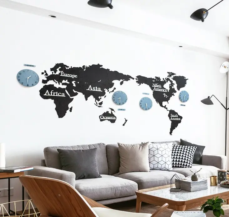 large world map different time zone wall clock display for living room wall decor