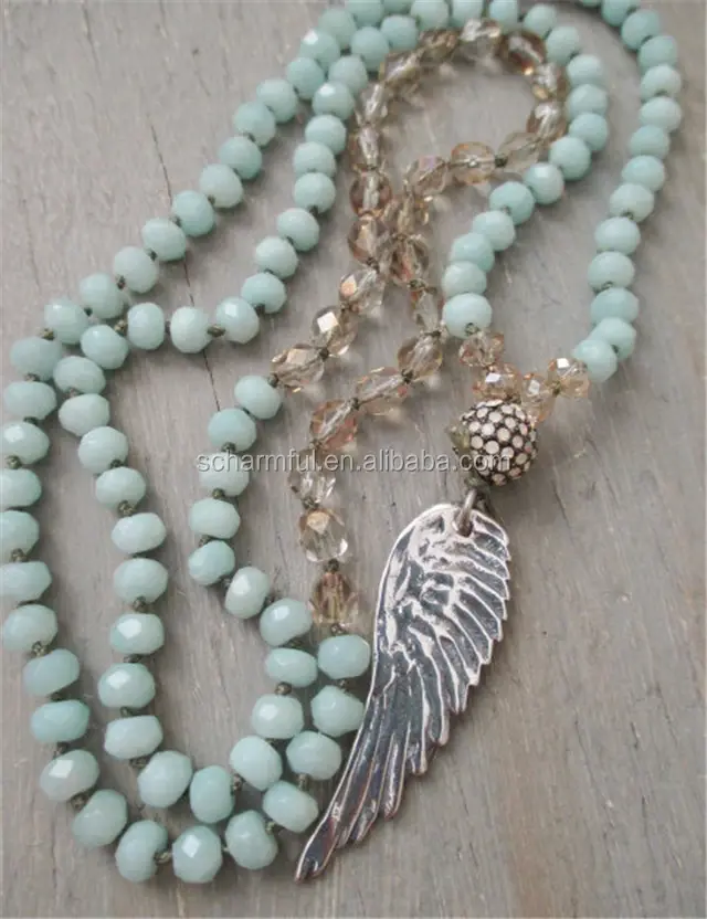 N00839 Hand Knotted Gemstone Knot Beaded Necklace,Boho Gemstone Beaded Angle Wing Pendant Necklace