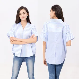 Modern design cheap short sleeve casual design of blue vertical striped spring summer blouses