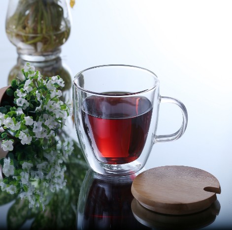 Double wall glass coffee cups Heat-resistant borosilicate tea cups with lids