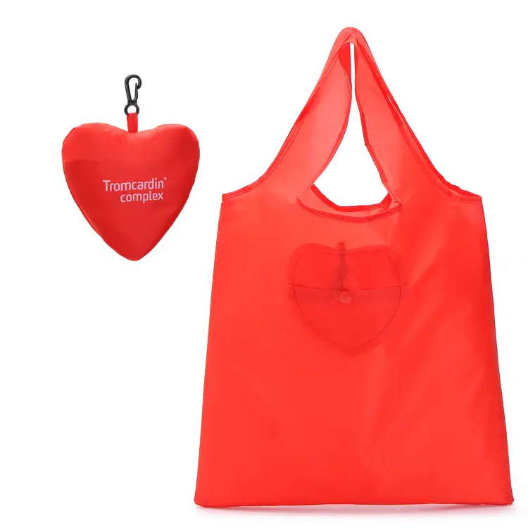 Çevre dostu kırmızı kalp polyester katlanır tote alışveriş çantası promosyon katlanabilir alışveriş çantası