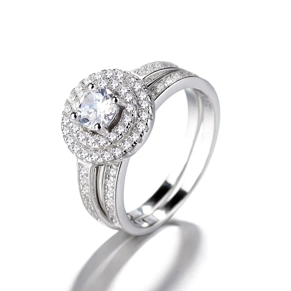 Elegant Round CZ Stone Pave Rings 925 Silver Jewelry Finger Ring 2pcs Engagement Rings Set