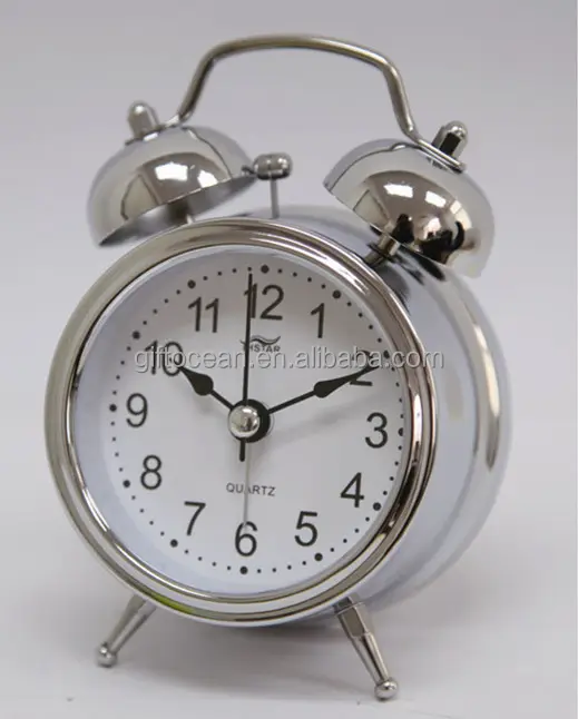 quartz analog table clock, twin bell alarm clock, silver metal bell clock