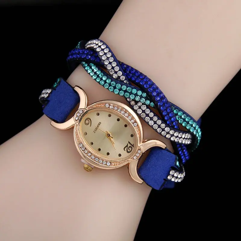 double-color crystal watch South Korea velvet ladies watch two-coil winding three-rope rubber casual watch