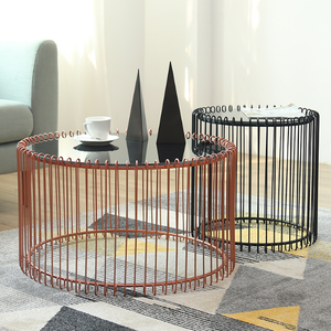 Nordic <strong>Small</strong> Metal Wire Copper Painting Nesting Round End Coffee <strong>Table</strong> with <strong>Glass</strong> Top Set - Product Image 6