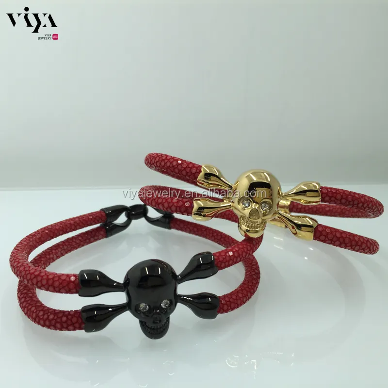 Stingray-bracelet en cuir rouge de thaïlande, usine en cuir de feu, bracelet en cuir exotique, or, résultats de crâne, demi-manchette