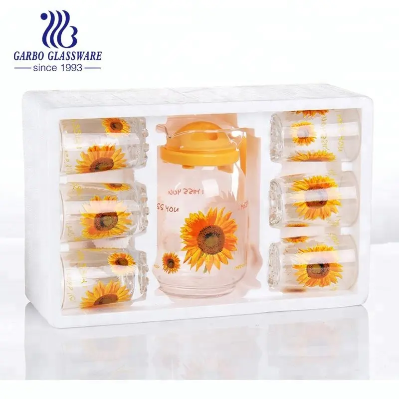 Großhandel Frisches Trinkglas Tasse Set Glas Zitronen krug Set mit wunderschönen Sonnenblumen druck