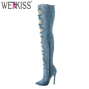 Fabrika Fiyat Yüksek Kalite Ripped Jeans Diz Çizmeler Sivri Burun Yüksek Topuk Kadın Çizmeler 2018 - Product Image 1
