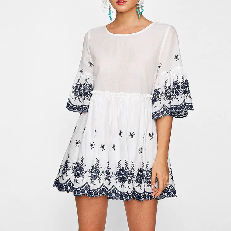 3/4 Sleeve Scallop Eyelet Embroidered Dress New Fashion Design A-line Loose Casual Dresses Long Sleeve Round Neck Cute, Boho