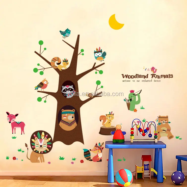 Jungle Forest Cartoon Animal owl squirrel Children Nursery PVC Wall Decal for Baby Room Decoration Wallpaper
