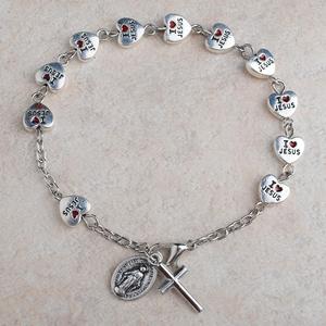 19.5 centimetri di lunghezza I Amore di Gesù In Lega di Zinco Del Cuore di Metallo Beads placcato <span class=keywords><strong>Argento</strong></span> <span class=keywords><strong>Rosario</strong></span> Braccialetto A Catena - Product Image 2