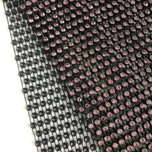 Shiny Beautiful Elastic Plastic Base Pink Rhinestone Mesh Fabric Crystal Fishnet Fabric For Clothes