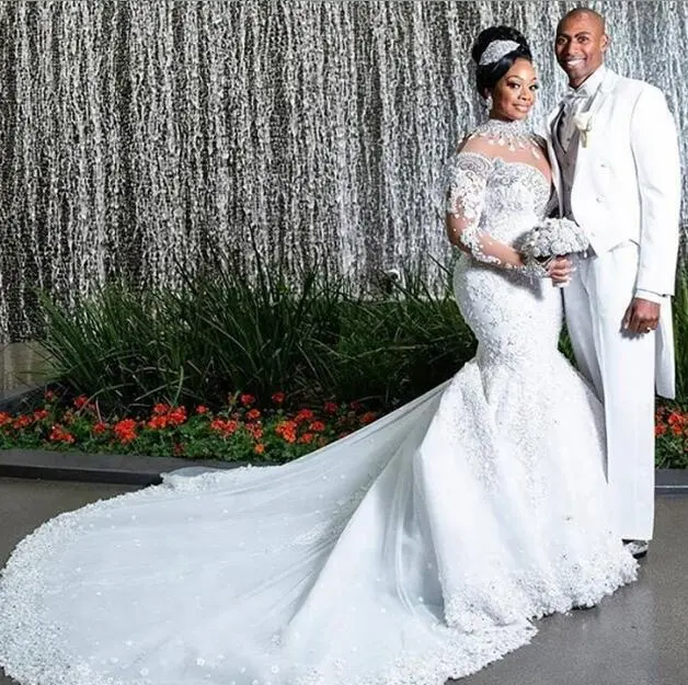 Luxury Lace Hand Beaded Plus Size African Mermaid Wedding Dress
