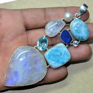 จี้โอปอลสีรุ้งมูนสโตนออสเตรเลียอัญมณีสเตอร์925ที่เป็นเอกลักษณ์ทันสมัยด้วยทองคำ/เงินของขวัญที่สมบูรณ์แบบสำหรับเขา/เธอ - Product Image 4