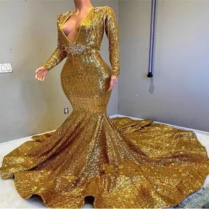 Tiefe V Neck Mermaid Gold Prom Kleider 2019 Funkelnden Pailletten Langen Ärmeln Party Kleider Abendkleider