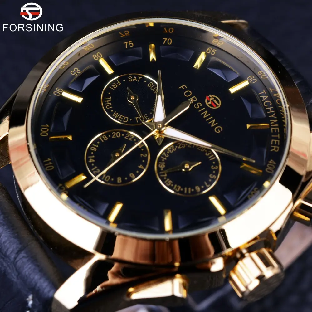 Forsining Watch Retro Fashion Designer Three Dial Decoration Genuine Leather Golden Men Luxury Brand Automatic Mechanical Watch