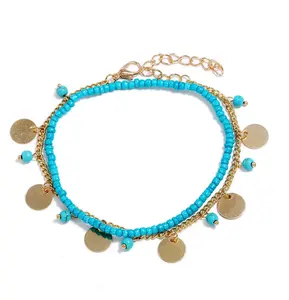 Double layer Blue glass seed beads turquoise stone beads silver and gold metal chain copper anklet beach jewelry China Supplier